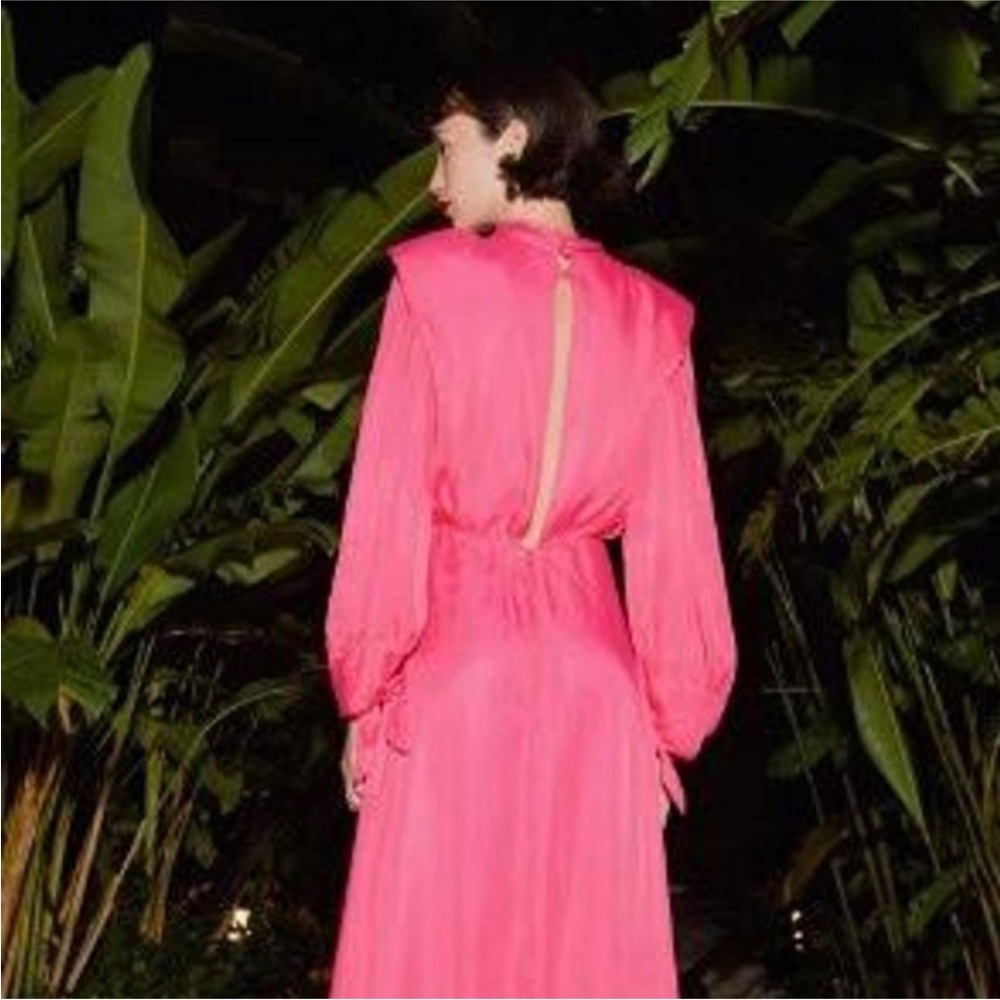 NEW! Farm Rio x Anthropologie Maxi/Midi Pink/ Long-Sleeve Cutout/Keyhole Satin - Picture 7 of 15